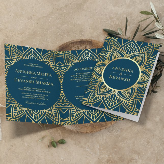 Blue and Gold Ethnic Mandala Indian Wedding Invitation (Creator Uploaded)