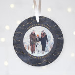 Blue and Gold Fairy Lights | Two Family Photos Ornament<br><div class="desc">This modern Christmas ornament features a rich,  dark blue background with elegant faux gold fairy lights,  and two of your favourite personal photos. Add your family name in gold coloured text.</div>