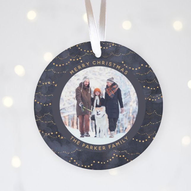 Blue and Gold Fairy Lights | Two Family Photos Ornament (Creator Uploaded)