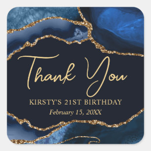 Blue and Gold Faux Glitter Agate Birthday Square Sticker