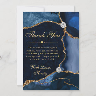 Blue and Gold Faux Glitter Agate Quinceanera Thank You Card