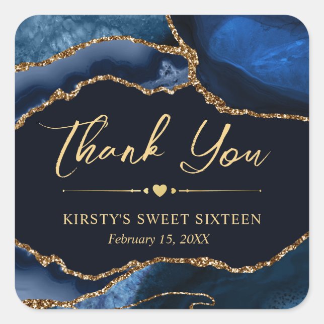 Blue and Gold Faux Glitter Agate Sweet Sixteen Square Sticker (Front)
