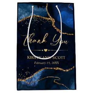 Blue and Gold Faux Glitter Agate Wedding Medium Gift Bag