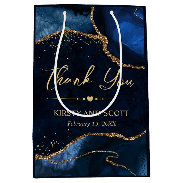 Blue and Gold Faux Glitter Agate Wedding Medium Gift Bag (Front)