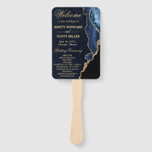 Blue and Gold Faux Glitter Agate Wedding Program Hand Fan
