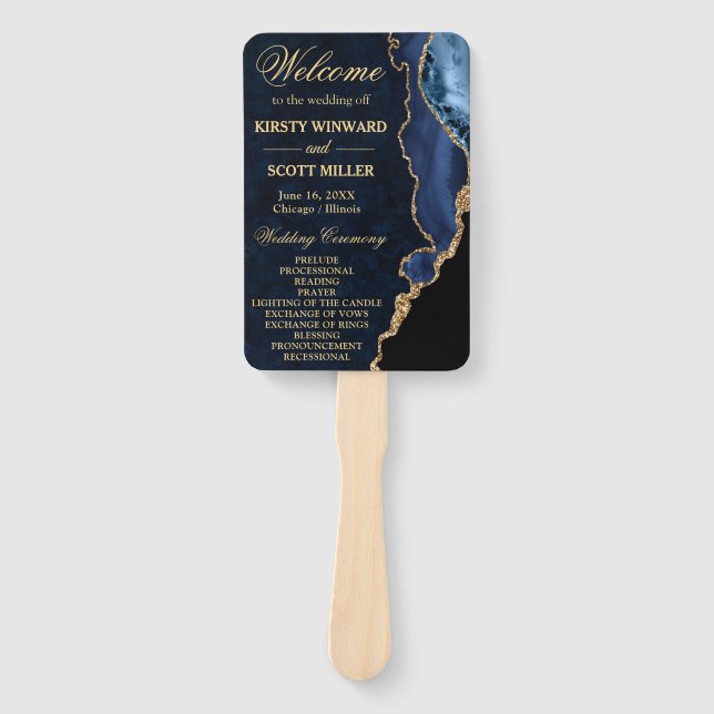Blue and Gold Faux Glitter Agate Wedding Program Hand Fan (Front)