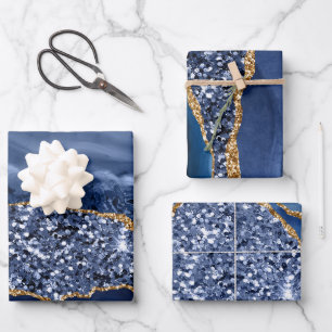 Blue and Gold Faux Glitter Agate Wrapping Paper Sheet
