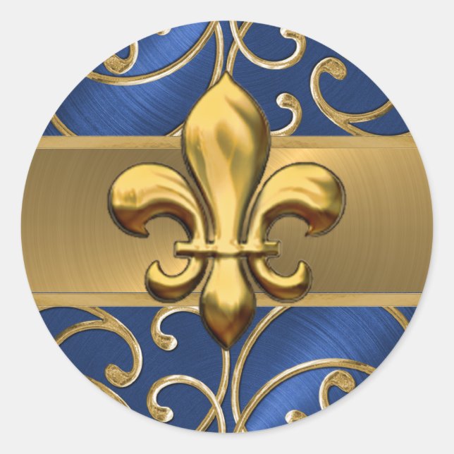 Blue and Gold Filigree Swirls Fleur de Lis Classic Round Sticker (Front)