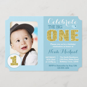 Blue and Gold First Birthday Party Invitation