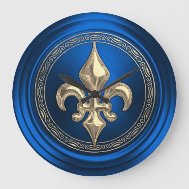 Blue and Gold Fleur de Lis Envelope Seal Large Clock (Front)