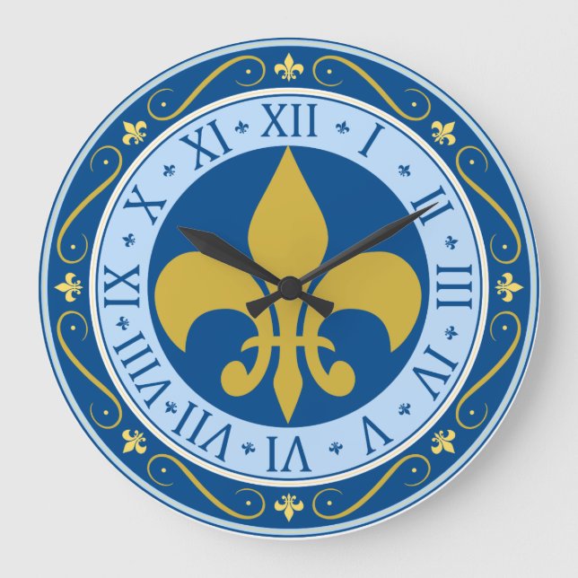 Blue and Gold Fleur-de-Lis Large Clock (Front)