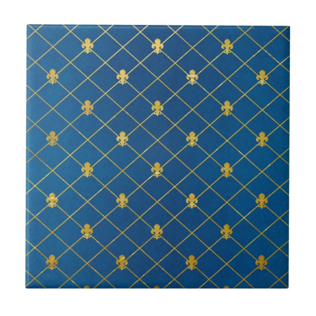 Blue and Gold. Fleur de Lis. Tile (Front)