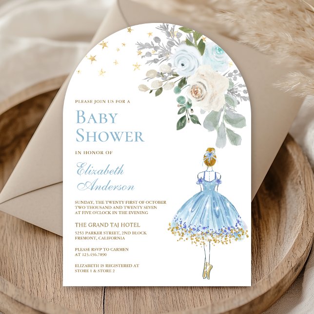 Blue and Gold Floral Ballerina Arch Baby Shower Invitation (Creator Uploaded)