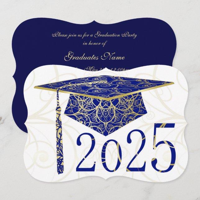 Blue and Gold Floral Cap 2025 Graduation Party Invitation (Front/Back)