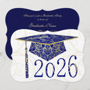 Blue and Gold Floral Cap 2026 Graduation Party Invitation