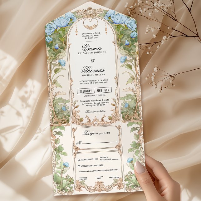 Blue and Gold Floral Frame Wedding Invitation (Creator Uploaded)