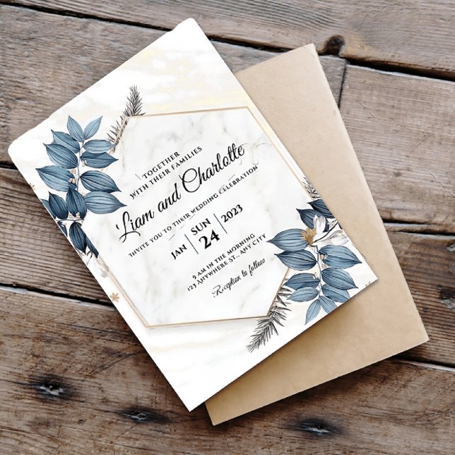 Blue and Gold Floral Geometric Wedding Invitation (Creator Uploaded)