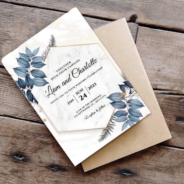 Blue and Gold Floral Geometric Wedding Invitation (Creator Uploaded)
