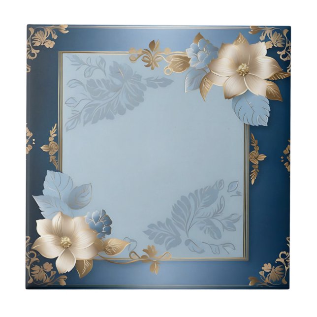 Blue And Gold Floral Metallic Tile (Front)