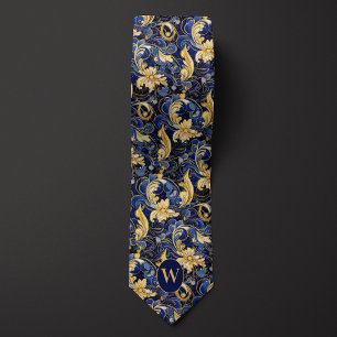 Blue and Gold Floral Monogram Tie