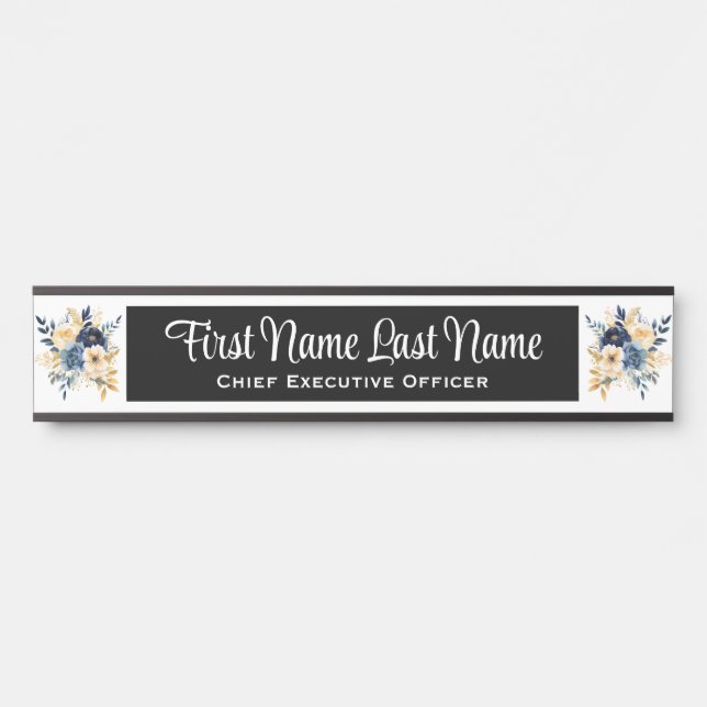 Blue and Gold Floral Office Door Signs Name Plate (Front)