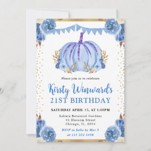Blue and Gold Floral Pumpkin Fall 21st Birthday Invitation