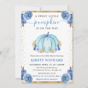 Blue and Gold Floral Pumpkin Fall Baby Shower Invitation