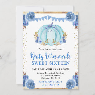 Blue and Gold Floral Pumpkin Fall Sweet 16 Invitation