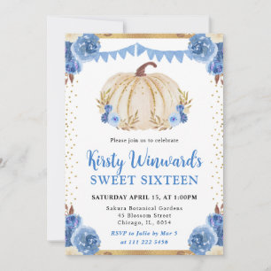 Blue and Gold Floral Pumpkin Fall Sweet 16 Invitation