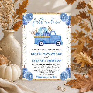 Blue and Gold Floral Pumpkin Truck Fall Wedding Invitation