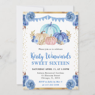 Blue and Gold Floral Pumpkins Fall Sweet 16 Invitation