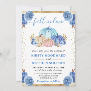 Blue and Gold Floral Pumpkins Fall Wedding Invitation