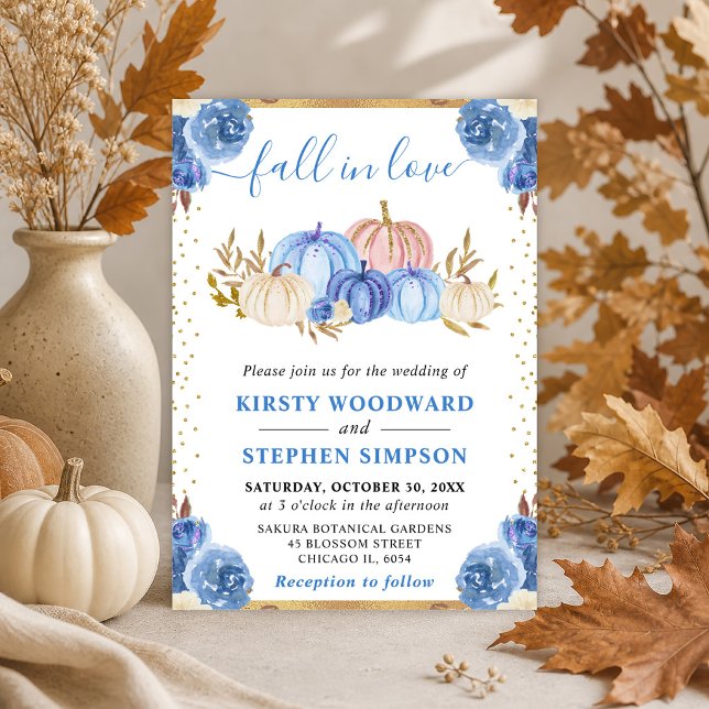 Blue and Gold Floral Pumpkins Fall Wedding Invitation (Creator Uploaded)
