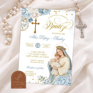 Blue and Gold Floral Rosary Baptism Invitation