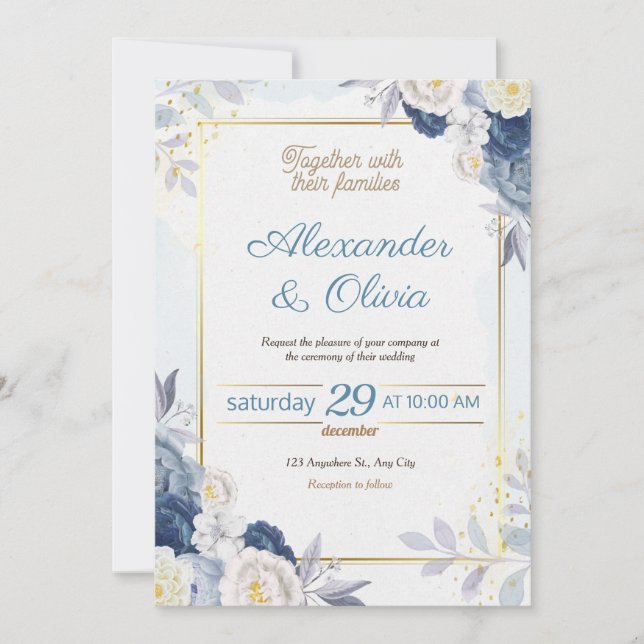 Blue and Gold Floral Wedding Invitation (Front)