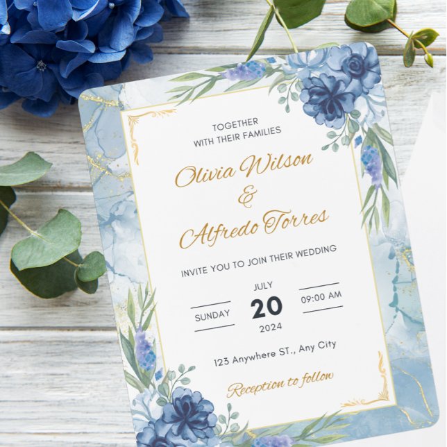 Blue and Gold Floral Wedding Invitation (Creator Uploaded)