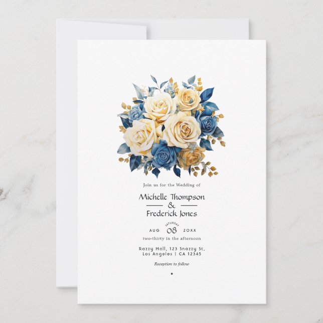 Blue and Gold Floral Wedding Invitation (Front)