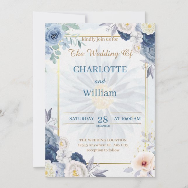 Blue And Gold Floral Wedding Invitation 2024 (Front)