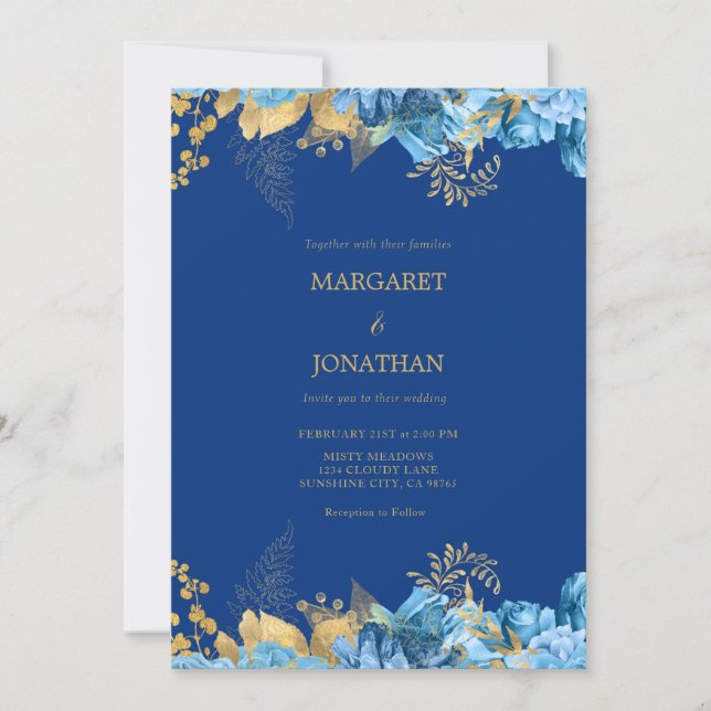 Blue and Gold Floral Wedding Invitation Card (Front)