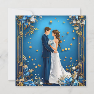 Blue and Gold Floral Wedding Romantic Elegant Invitation