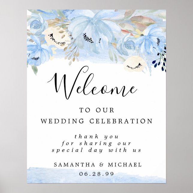 Blue and Gold Floral Welcome to Our Wedding Sign (Front)