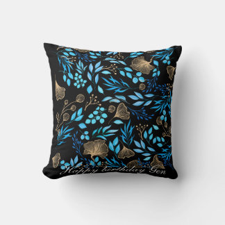 Blue and Gold Flower pattern Add Your Name Cushion