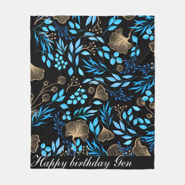Blue and Gold Flower pattern Add Your Name Fleece Blanket (Front)