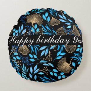 Blue and Gold Flower pattern Add Your Name Round Cushion