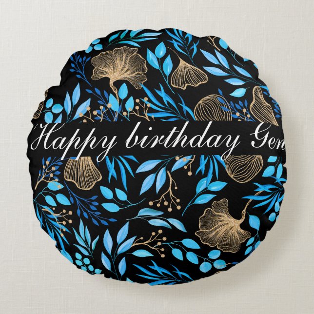 Blue and Gold Flower pattern Add Your Name Round Cushion (Front)