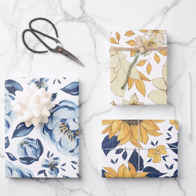 Blue and Gold Flower Wrapping Paper Set (Front)