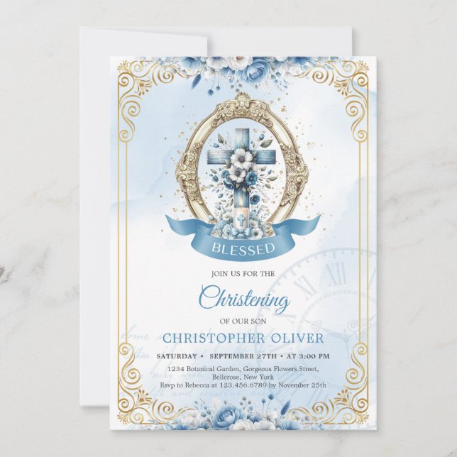Blue and gold flowers rustic wooden cross boy invitation (Front)