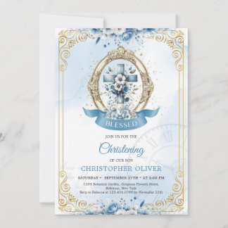 Blue and gold flowers rustic wooden cross boy invitation