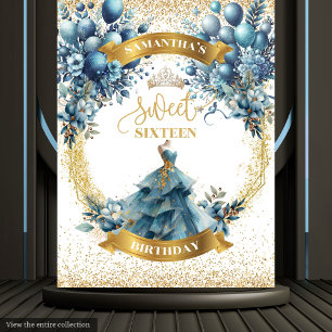 Blue and Gold Flowers Sweet Sixteen Party Wall  Tapestry