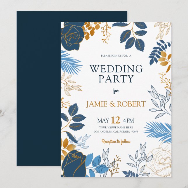 Blue and gold flowers wedding frame invitation (Front/Back)